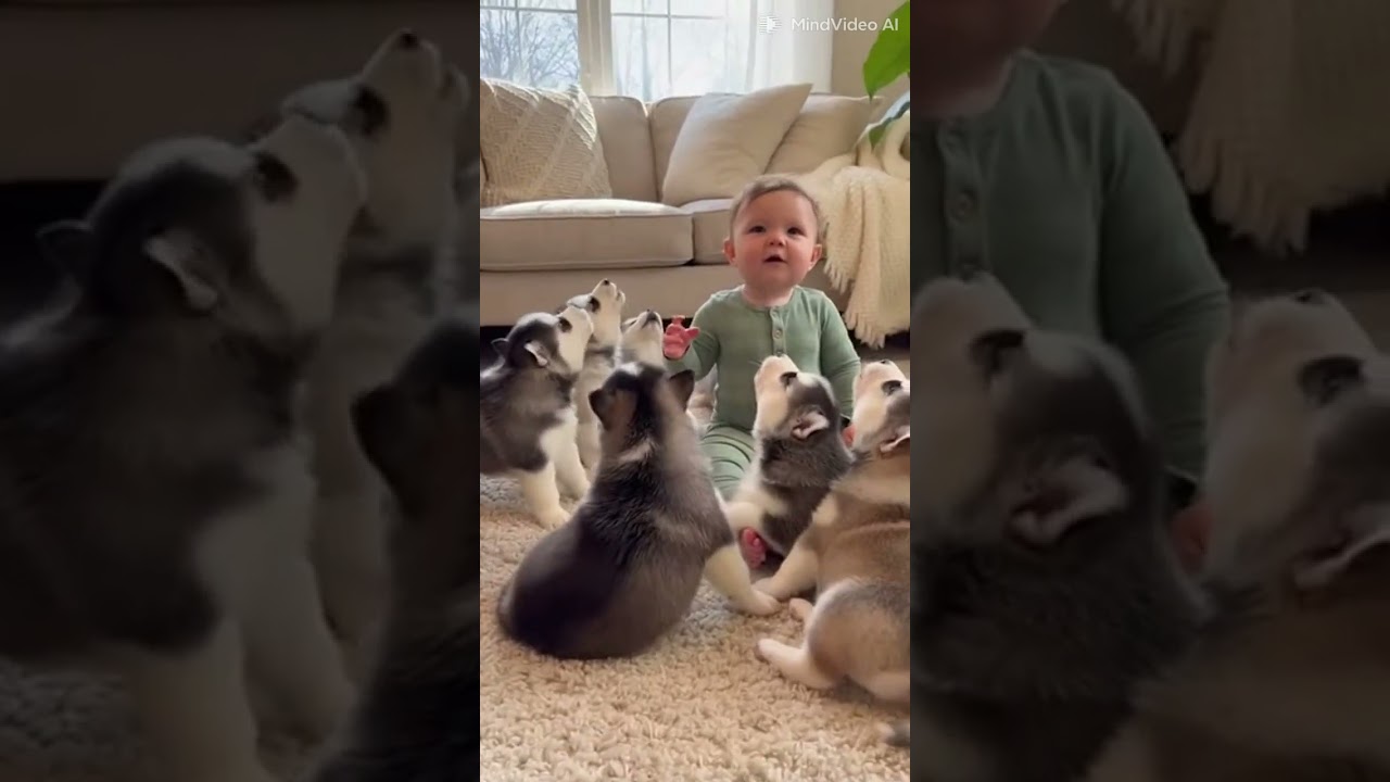 El tierno diálogo entre un bebé y cachorros Husky conquista la red